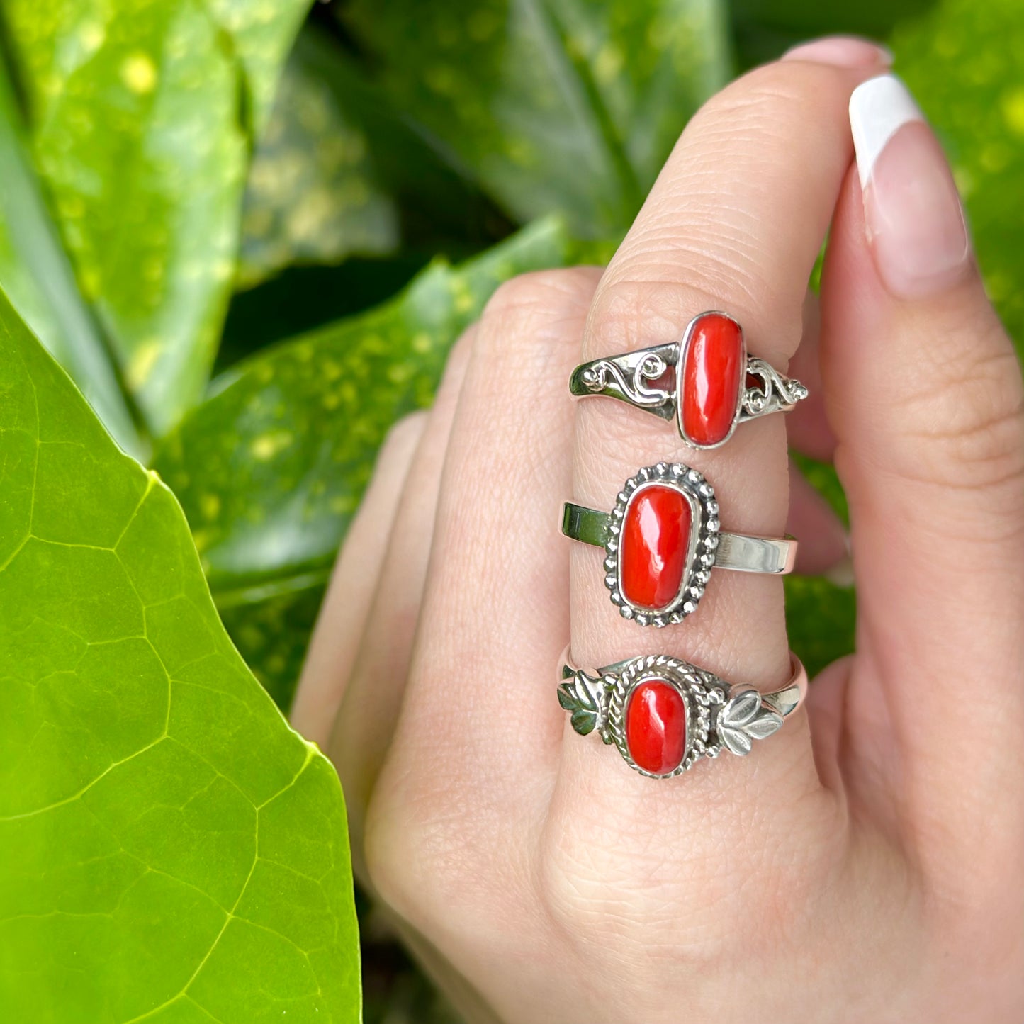 Italy red coral design ring