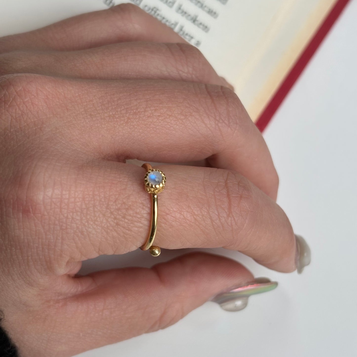 Brass petit ring 〈Rainbow moon stone〉