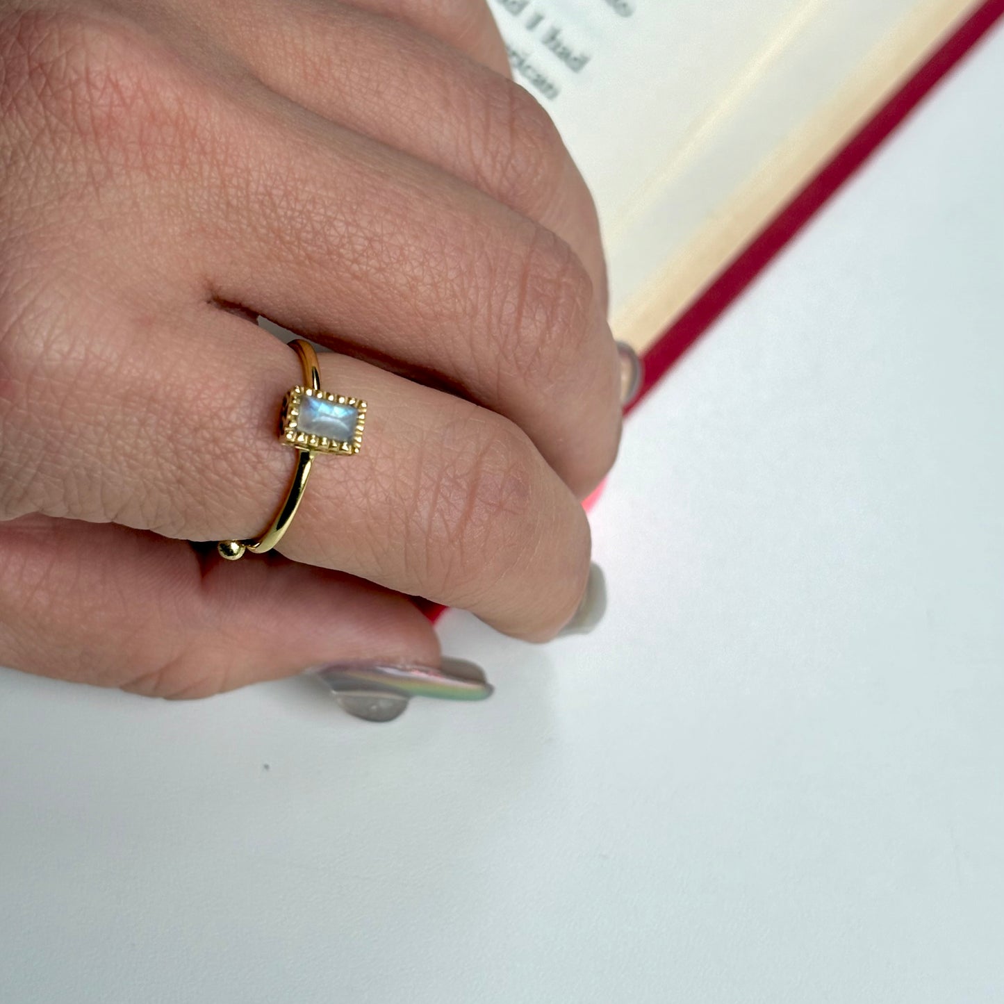 Brass petit ring 〈Rainbow moon stone〉