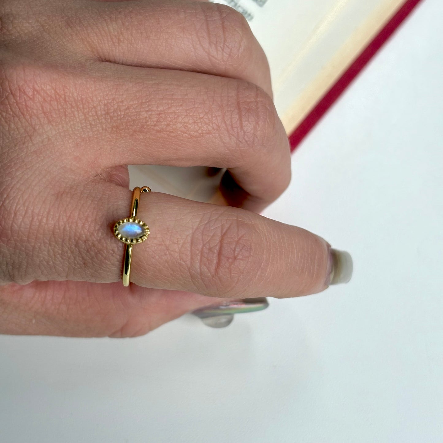 Brass petit ring 〈Rainbow moon stone〉