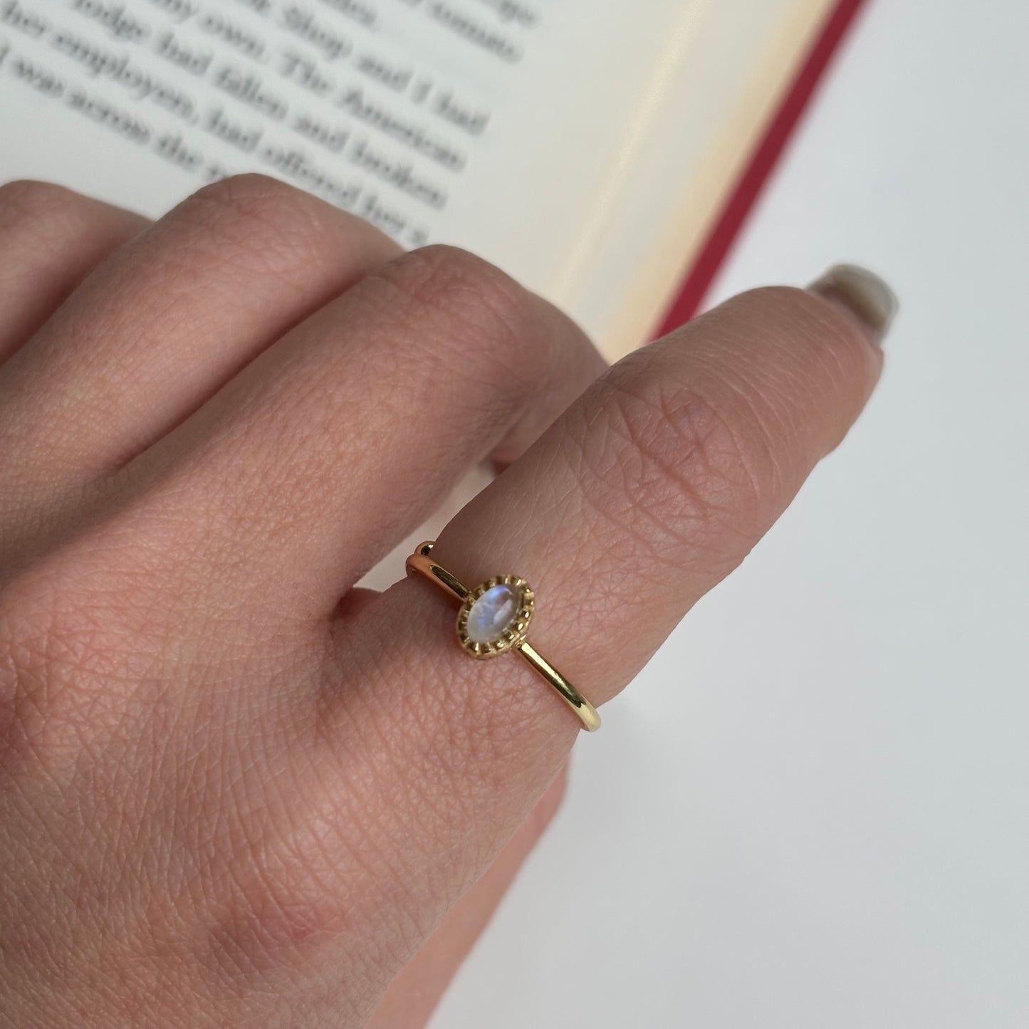 Brass petit ring 〈Rainbow moon stone〉